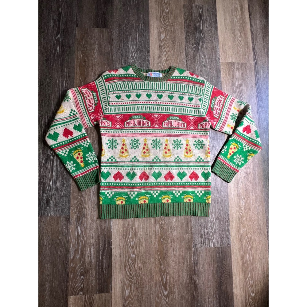 Papa Johns Ugly Christmas Sweater Mens Medium Red Green Pizza Fair Isle Good
